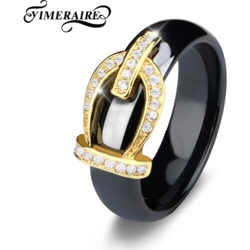 Fashion Gold Silver Belt Buckle Ceramic Ring 6mm Wide Shining Rhinestone Crystal Jewelry For Women Men Size 6/7/8/9/10/11/12