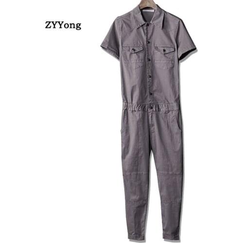 New Summer Ankle Length Mens Short Sleeve Jumpsuits Bib Overalls Blue Grey Retro Leisure Pants Fashion Slim Freight Trousers