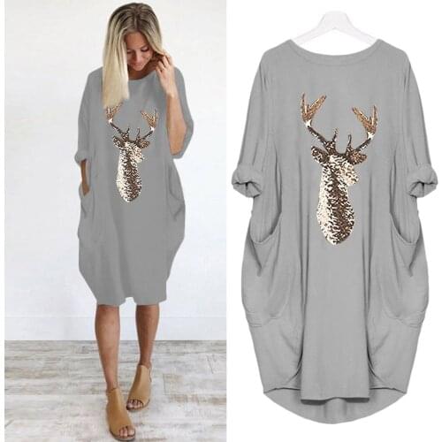 Stylish Bar Women Autumn Winter Dress Festival Christmas Tops Women Gold Reindeer Blouse Xmas Knee-length Dresses Plus Size 5xl