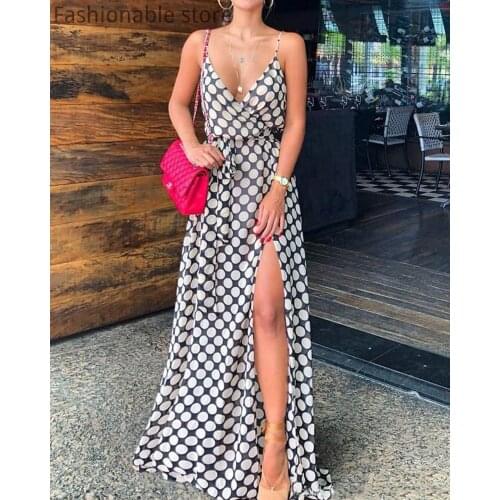 Sexy Dot Print Spaghetti Strap High Split Dress Women Beach Sleeveless Chiffon Vestidos Black&White