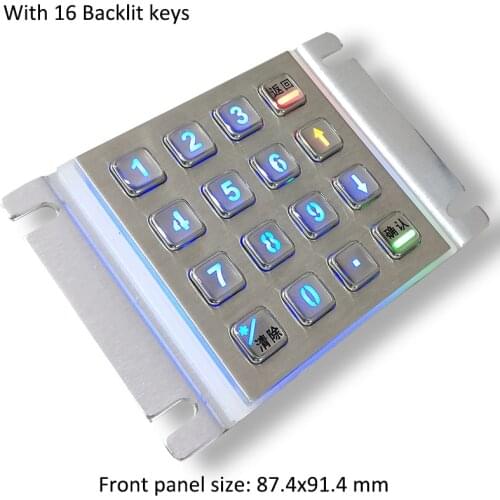 BACKLIGHT 16 keys panel mount stainless steel numeric keypad, metallic industrial keypad, kiosk keypad