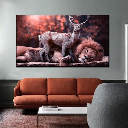 Deer And Lion Animal Canvas Painting Poster Print Nordic Wall Art Picture For Living Room Home Decor Decoration Frameless