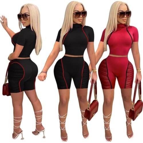 Sheer Mesh Striped Spliced 2 Piece Sweatsuit Womens Costume Turtleneck Short Sleeve Crop Top & Bodycon Biker Short Matching Set