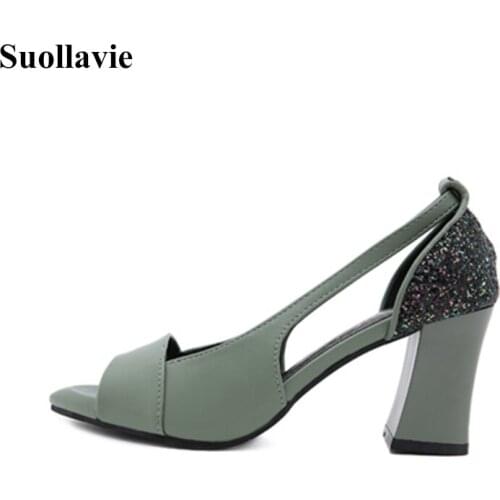 Suollavie hot leisure slingback shoes women Fashion sandals ladies shoes women chunky heel bling female pumps high heels office
