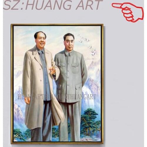 TOP ART painting CHINA 1951 Chairman Mao and Zhou Enlai original print oil painting on canvas-36" large - free shipping cost