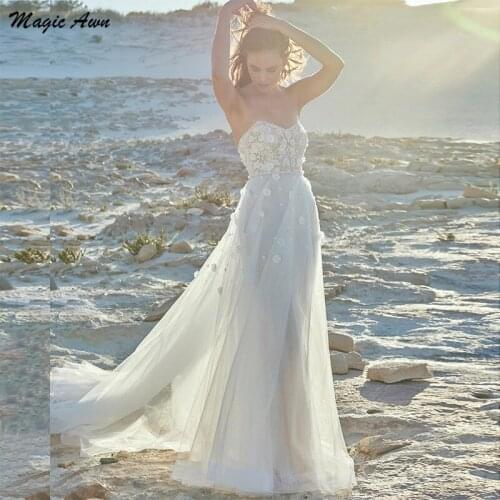 Magic Awn Bohemian Wedding Dresses 2021 Sweetheart Flowers Appliques Illusion Beach A-Line Mariage Gowns For Women Robes Mariee