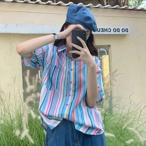 Zadily 2021 Summer Women Short Sleeve Fashion Turn-down Collar Casual Shirt Rainbow Stripes Casual Buttons Blouse