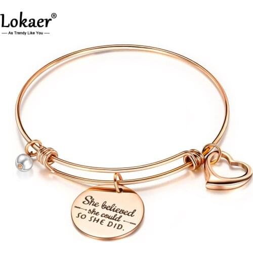 Lokaer Stainless Steel Creative Lettering She Believed Inspirational Loving Charm Bangles For Women Girl Bohemia Jewelry B17079