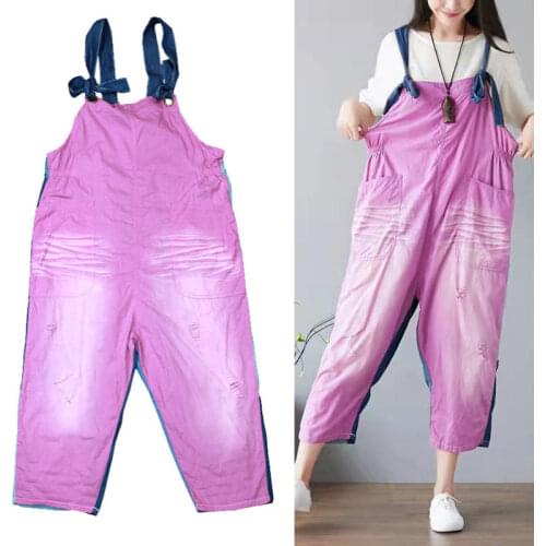 Vintage Print Jumpsuits for Women 2020 Elegantes Spring Loose Spaghetti Strap Denim Bib Pants