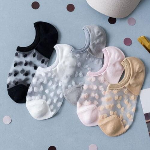 Womens Summer Thin Polka Dot Low Cut Invisible Boat Socks Transparent Mesh Lace Cotton Sheer Ankle Socks