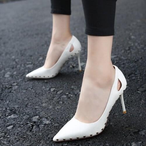 Womens Shoes Soft Leather Shallow Fashion Hollowing High Heels Candy Colors Pointed Women Pumps Show Thin Female Office Shoe 34