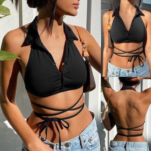 2021 Ladies Fashion Lace-up Solid Color Vest Sleeveless Top Sexy Summer Women Tank Top Y2k Sleeveless V-Neck Crop Top for Bar