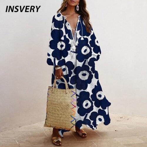 Spring Elegant Floral Print Tassel Long Party Dress Vintage Long Lantern Sleeve Ladies Dresses Women V Neck Casual Loose Dress