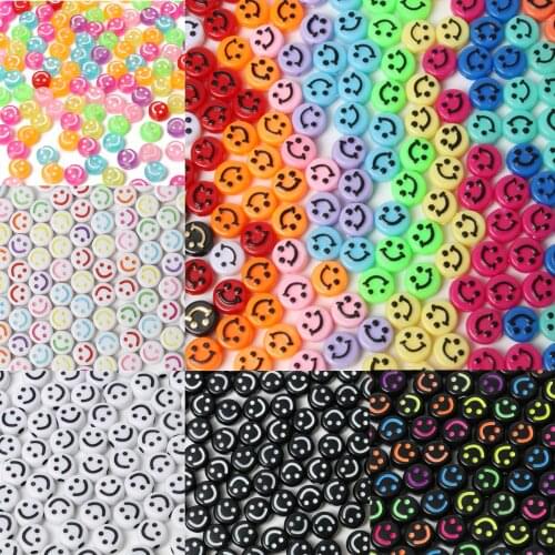 100pcs/lot Mixed Color Oval Shape Acrylic Spaced Beads Colorful Smile Face Loose Beads For Jewelry Making DIY Bracelet Necklace