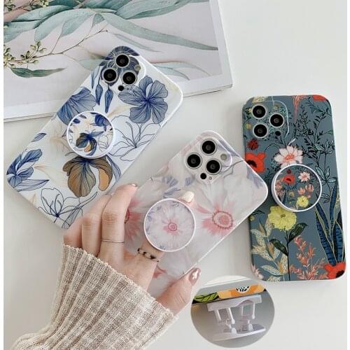 LOVECOM Retro Flower Leaf Frosted Phone Case With Holder For iPhone 12 Pro Max 11 Pro Max XS Max XR X 8 7 Plus Soft IMD Cover