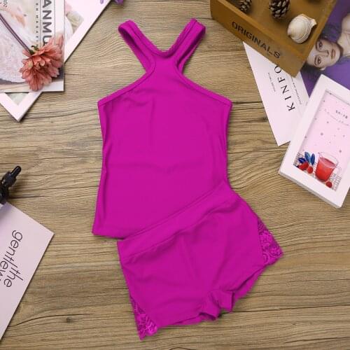FEESHOW Kid Dance Costume Childrens Activewear Sports Suit Gymnastics Tops Tank Top and Lace Splice Shorts for Girls Tracksuit