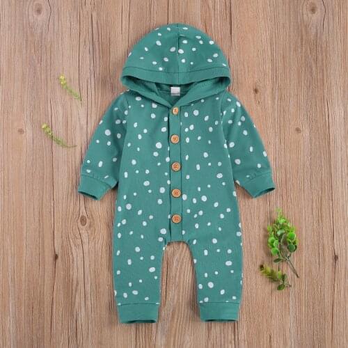 Baby Newborn Girls Boys Polka Dot Button Romper Long Sleeve Hooded Infant Toddler Warm Winter Autumn Romper Jumpsuits 0-24M
