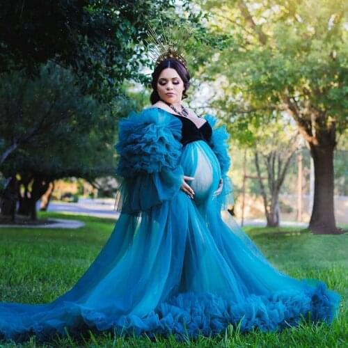 Pretty See Thru Blue Long A-line Maternity Dress Fluffy Tiered Ruffles Sleeves Floor Length Pregnant Women Dress Plus Size