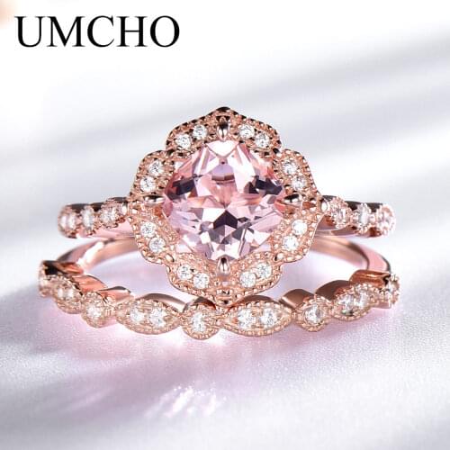 UMCHO Created Nano Morganite 925 Sterling Silver Rings Charm Flower Double Rings For Women Anniversary Gift Fine Jewelry