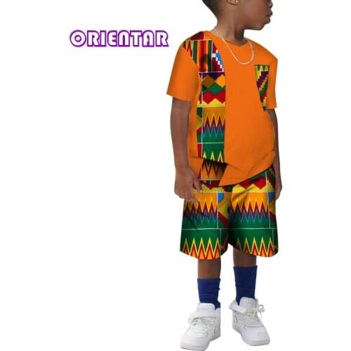 Kids African Clothes 2 Pieces Set African Print Cotton Short Sleeve Dashiki Shirt and Short Pants for Boys Clothing WYT214