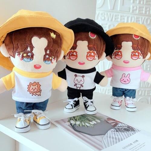 20cm Baby Doll Plush Dolls Summer Clothes Lovely Stuffed Toys pants cap hat Dolls Accessories for Korea Kpop EXO Idol Dolls