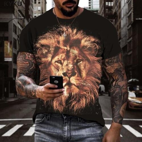 KYKU Lion T-shirt Men Animal Shirt Print Geometry Tshirt Printed Sketch T-shirts 3d Short Sleeve Hip hop Fashion Streetwear