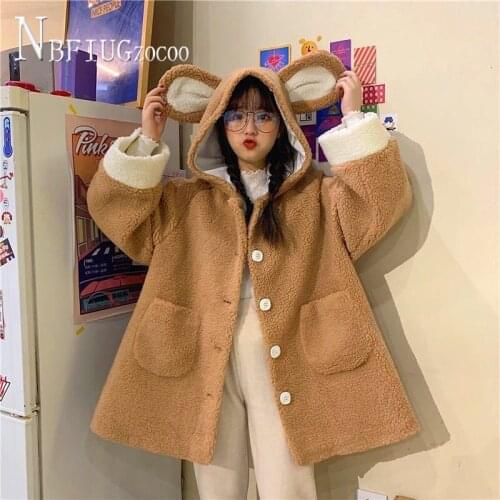 New Korean Students Loose Kawaii Bear Ears Women Coat Hooded Imitation Lambswool Female Jacket