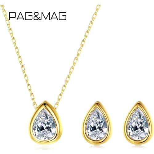 PAG&MAG Water Drop Cubic Zirconia Earrings Necklace Set Real 925 Sterling Silver Jewelry Set For Women 18K Gold Wedding Jewelry