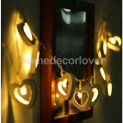 Romantic Wood Heart Shape Battery 10 Bulbs Operated Wire String Fairy Lights