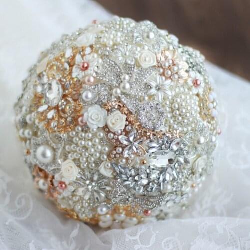 DIY 8 inch gold & ivory flower bridal brooch bouquet, Golden Wedding Bride 's Rhinestone Jewelry crystal Pearl Bouquets decor