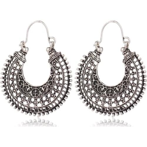 Vintage style Basket Hoop Earrings for Women Hollow Silver color Statement Earring Promise Ethnic Hoop Earrings Wedding Jewelry