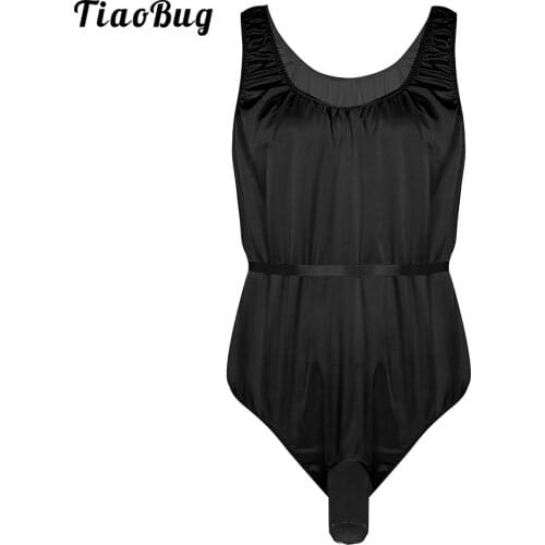 TiaoBug Mens One-Piece Shiny Satin Sissy Lingerie Sleeveless Open Sheath Bodysuit Nightwear Pure Color Sleepwear