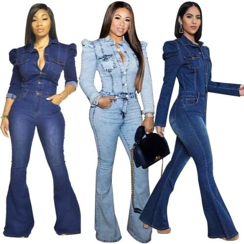 In Stock Wholesale slim elegant plus size long sleeve flare leg denim jumpsuit women