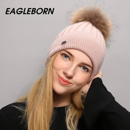 EAGLEBORN logo winter hat for women wool knitting hat beanies 15cm real mink fur pom poms hat Skullies girls hat