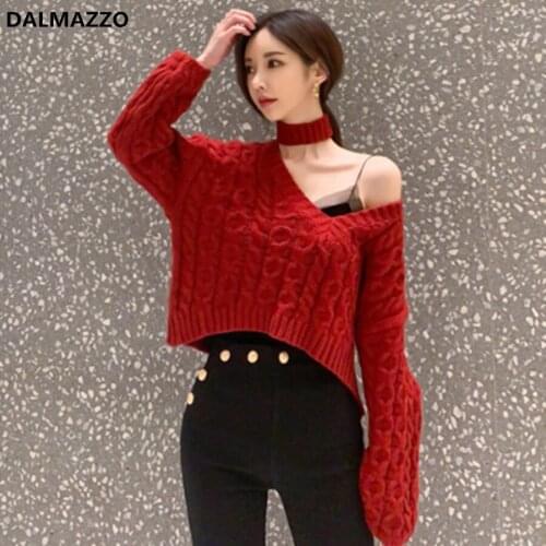 High Quality Women V Neck Halter Red Thick knitted Sweater Tops 2020 Newest Winter Womens Pullovers Short Knit Sweaters Feminina