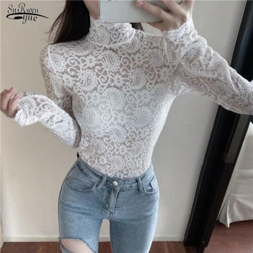 Spring New Arrival Lace White Blouse Shirts Women Long Sleeve Casual Solid Shirt Tops Half Turtleneck Slim Sexy Top Women 12709