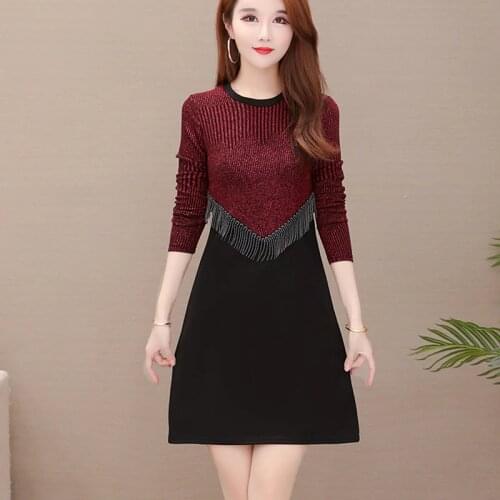Plus size L-5XL party dress women autumn winter sweater knit dress ladies vintage long sleeve shiny sequined tassel midi dress