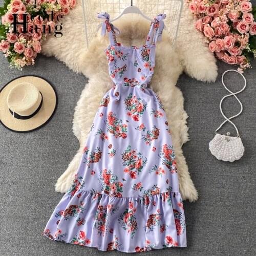 HangCode Women Dress Summer 2021 Elegant French Style Romantic Flower Print Vintage Long Dress Casual Bow Spaghetti Strap Dress
