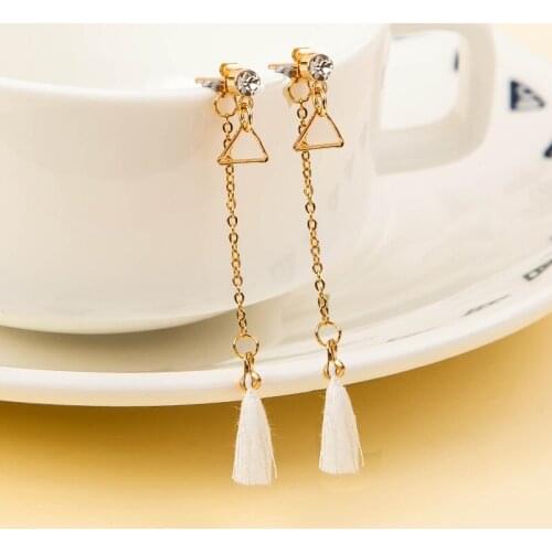 Gold-color Triangle Earring Link Chain Silk Tassel Long Drop Earrings Women Jewelry Crystal Rhinestone Hollow Eardrop Accessory