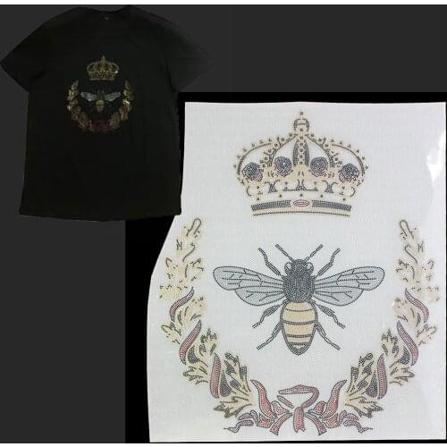 2pc Bee Crown Iron on Applique Patches Rhinestone Transfer for T-Shirt Bag Hot Fix Stone P2063