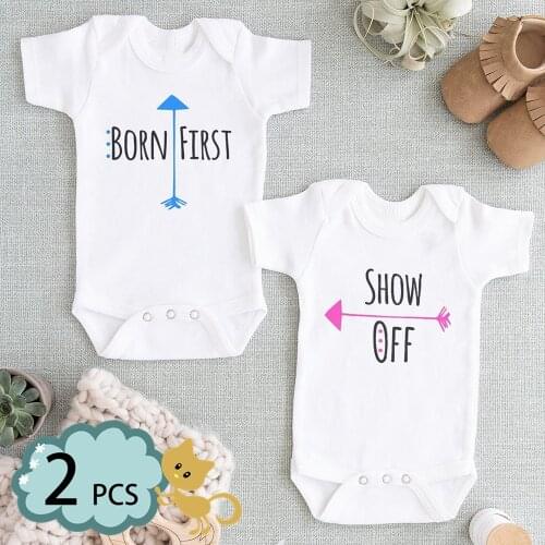 BORN FIRST SHOW OFF Brothers Sisters Twin Newborn Bodysuit Clothing Baby Romper Funny Infants Toddler Jumpsuit