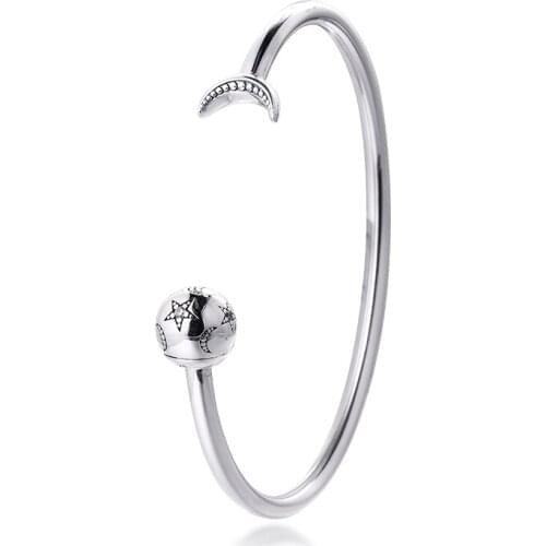 Moon and Stars Open Bangle Genuine 925 Sterling Silver Bracelets Female Jewelry for Women DIY Charms Jewelry Making Pulseras