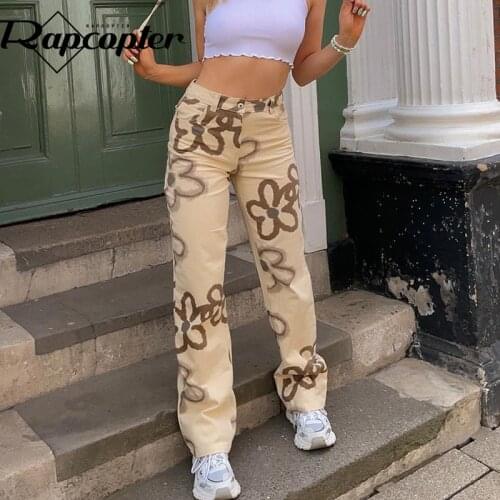 Rapcopter Floral Khaki Jeans Vintage Straight y2k Denim Pants High Waisted Hot Mom Jeans Zipper Pockets Women Cargo Trousers 90s