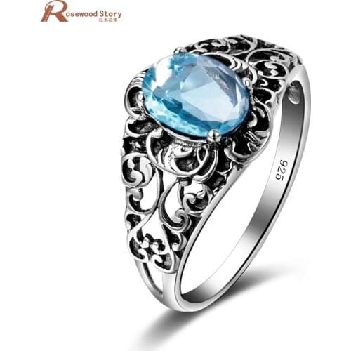 Factory Price Pure 925 Sterling Silver Ring Sky Blue Stone Puzzle Handmade Famous Brand Women Crystal Rings Vintage Jewelry