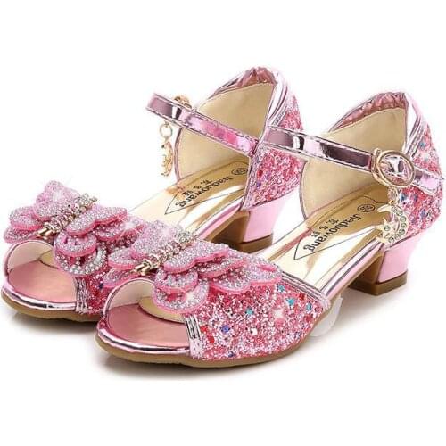 Children Sandals For Girls Weddings Girls Sandals Crystal High Heel Shoes Banquet Pink Gold Blue Glitter Leather Shoes Butterfly