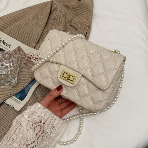 Pearl Design Beading Chain PU Leather Crossbody Bags For Women 2021 Simple Luxury Small Fashion Shoulder Handbags Designer