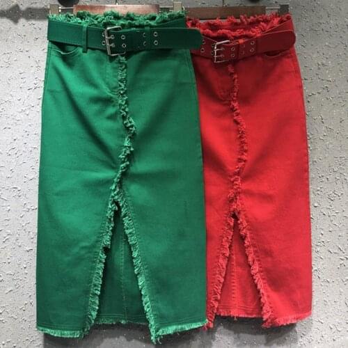 High waist front split tassel package hip step denim skirt knee-length jeans skirt