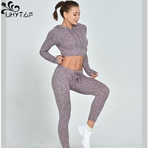 UHYTGF Elastic Tracksuit Two Piece Set Women Hoodies Long Sleeve Top Pant Suits Tight-fitting Quick-drying Hip-lifting Suit 982