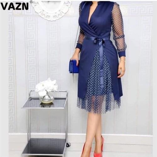 VAZN V-neck A-line Elegant Office Style Party Vintage Night Club Sexy Slim Young Dress 2020 Long Sleeve dress Women Dress