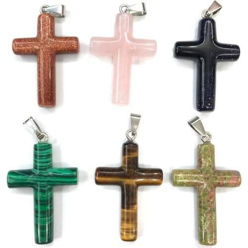 Natural Rose Quartzs Unakite Pendant Cross Shape Semi-Precious Stone Pendant for Making DIY Jewelry Necklace Size 28x44mm